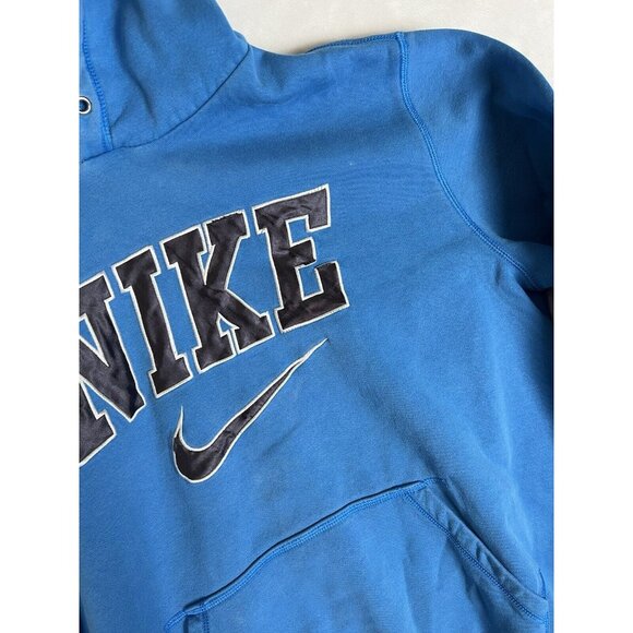 Vintage Nike Hoodie Sweatshirt Size L Blue Embroidered Spell Out Y2K Stain Faded - Picture 4 of 12